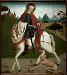Sint-Maarten en de bedelaar. Hij sneed zijn mantel door om hem aan een bedelaar te geven. Anoniem schilderij, circa 1490. Magyar Nemzeti Galéria, Boedapest, Hongarije.