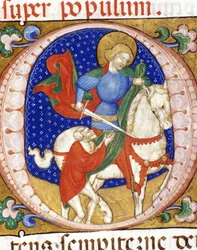 Sint-Maarten deelt zijn mantel met een arme miniatuur van de 15e eeuw Bibl. Nazionale Braidense