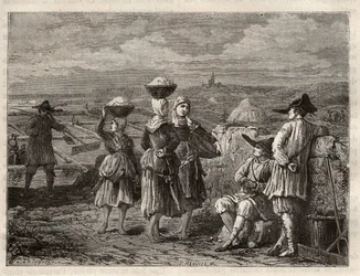 Zoutwinningsvijver in Bretagne - Paludiers en sauniers in Bretagne (Frankrijk), zoutmoerassen - gravure in 