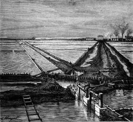 Zoutproductie: zicht op een zoutmoeras aan de Middellandse Zeekust. Gravure uit de 19e eeuw