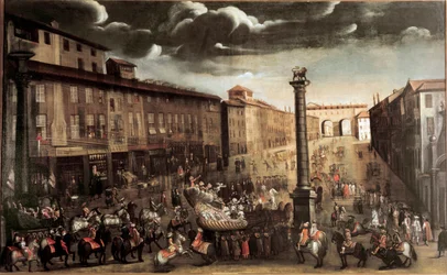 San Babila plein tijdens carnaval, Milaan (late 17e eeuw)