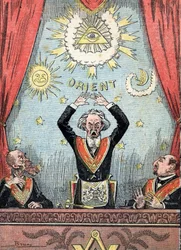 Satirische voorstelling van een vrijmetselaarsloge, de Grootmeester omringd door maçonnieke symbolen die woest in zijn loge worden bewogen. Karikatuur uit “Le Pèlerin”, 23/06/1912. Privécollectie
