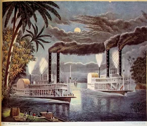 Scène van bootnavigatie op de Mississippi-rivier in de Verenigde Staten. 19e eeuw. Parijs, Decoratieve Kunsten