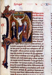 Scène van kruisiging in een briefhoofd (letter D). Miniatuur in Speculum historiale door Vincent De Beauvais (12e eeuw)