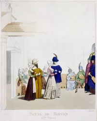 Scène van zeden: Carnavalscène - gebaseerd op een Italiaans manuscript uit de 15e eeuw, Arts Deco