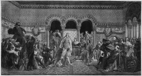 Scène uit het leven van Sint Elisabeth van Hongarije (1207-1231). Gravure uit 1878 van een muurschildering door Maurice de Schwindau, dichterskamer van het kasteel van Wartburg.