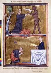 Scènes uit het leven van de monnik Sint Theophile de Boeteling (6e eeuw). Hij riep de duivel aan om hem uit de bedelarij te halen. Hij deed de rest van zijn leven boete