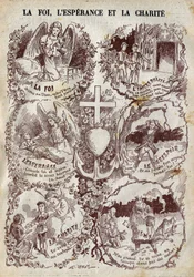 Scènes die Geloof, Hoop, Liefde en hun tegenpolen, Ongeloof, Wanhoop en Egoïsme illustreren. Illustratie in 