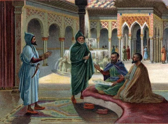 Taferelen uit verdwenen koninkrijken: Moorse raad (Moors, benaming voor Arabieren die een deel van Spanje bezetten) in het Alhambrapaleis in Granada. Granada is de laatste Moorse staat, die in 1482 eindigde. Chromolithografie uit de 19e eeuw.