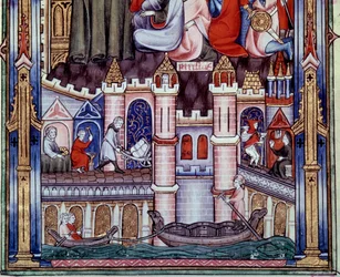 Scènes van bouw- en navigatiewerkzaamheden in Parijs in de Middeleeuwen. Miniatuur uit het manuscript 
