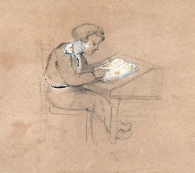 Schooljongen aan het werk (tekening, ca. 1830)