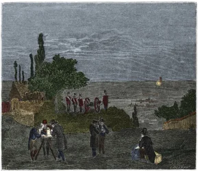 Wetenschappelijk experiment: de berekening van de geluidssnelheid, door Humboldt, Louis-Joseph Gay-Lussac, Bouvard, Prony en Mathieu, die de tijd bepalen tussen de waarneming van licht en die van een geweerschot, in de nacht