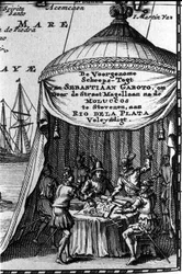 Sebastiano Caboto (Sebastien Cabot) afgebeeld op de cartridge van een navigatiekaart met andere navigators. Begin van de 17e eeuw
