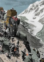Tweede Punische Oorlog. Het leger van Hannibal Barca steekt de Alpen over, 218 v.Chr. Italiaanse gravure uit de 19e eeuw.