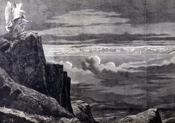 Gezicht op het Hemelse Jeruzalem; afbeelding van het aardse Jeruzalem na het Laatste Oordeel, het daalt uit de hemel neer om zich op aarde te vestigen. Gravure uit de 19e eeuw.