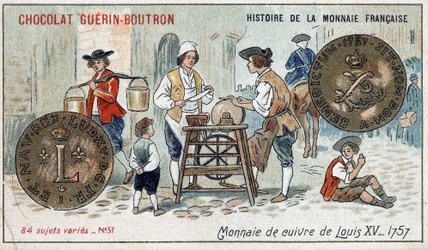 Serie Histoire de la Monnaie Française uitgegeven door Chocolat Guérin Boutron. Chromolithografie 19e eeuw. Koperen munt van Lodewijk XV in 1757