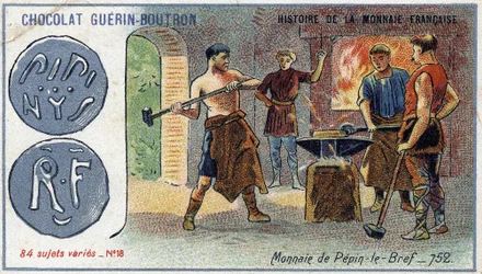 Serie Histoire de la Monnaie Française uitgegeven door Chocolat Guérin Boutron. Chromolithografie 19e eeuw. Munt van Pepijn de Korte in 752