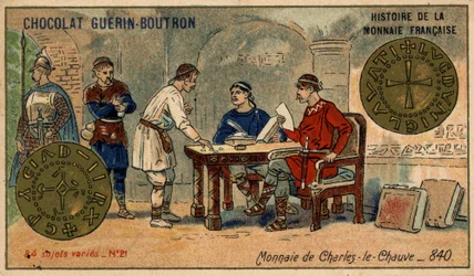 Serie Histoire de la Monnaie Française uitgegeven door Chocolat Guérin Boutron. Chromolithografie 19e eeuw. Munt van Karel de Kale in 840