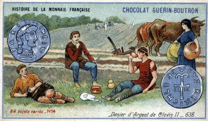 Serie Histoire de la Monnaie Française uitgegeven door Chocolat Guérin Boutron. Zilveren denier van Clovis II in 638