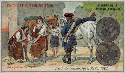 Serie Histoire de la Monnaie Française uitgegeven door Chocolat Guérin Boutron. Chromolithografie 19e eeuw. Liard uit Frankrijk. Lodewijk XIV in 1687