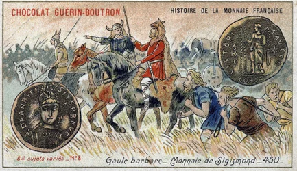 Serie Histoire de la Monnaie Française uitgegeven door Chocolat Guérin Boutron. Chromolithografie 19e eeuw. Barbaarse Gallië. Sigismond munt