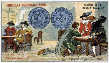 Serie Histoire de la Monnaie Française uitgegeven door Chocolat Guérin Boutron. Chromolithografie 19e eeuw. Lodewijk XIII Zilveren Louis in 1610
