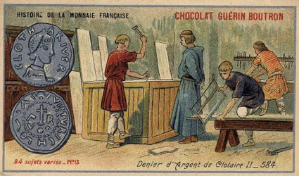 Serie Histoire de la Monnaie Française uitgegeven door Chocolat Guérin Boutron. Chromolithografie 19e eeuw. Zilveren Denier van Clotaire II in 584
