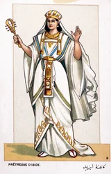 Serie chromolithografieën van operakostuums ter gelegenheid van de eerste opvoering van Aida door Giuseppe Verdi: de priesteres van Iside. 1872