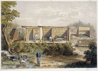 Kamp van kolonisten in Canada - in "Sketches on the nipisaguit a river of New Brunswick in America" door William Hickman, ed. Halifax