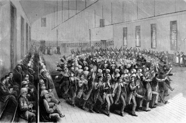 Shaking Quakers religieuze processie (dans) in New York. Illustratie uit de 19e eeuw.
