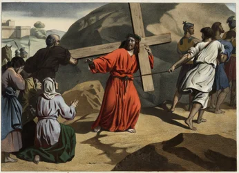 Zij klom naar Calvarie: Jezus die zijn kruis draagt troost de dochters van Jeruzalem. Anonieme gravure uit het midden van de 19e eeuw.