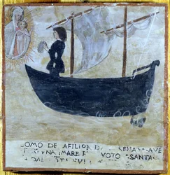 Schip gered van de storm. Ex voto uit de 16e eeuw van het Heiligdom van de Madonna del Monte in Cesena (Forlì).