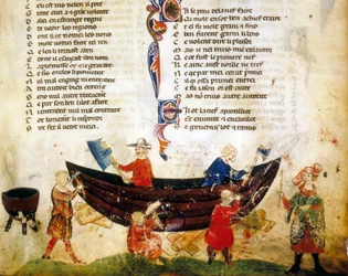 Scheepsbouw en breeuwen in de 13e eeuw. Miniatuur van het "Roman de Troy" door Benoit de Saint Maure. 14e eeuw Biblioteca Marciana, Venetië