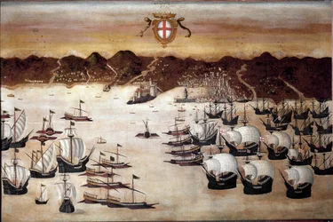 Schepen in de haven van Genua (16e-eeuws schilderij)