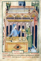 Winkel met boterbrood en twee vrouwen, illustratie uit Tacuinum sanitatis, verlucht manuscript, Latijnse heruitgave van een Arabisch werk uit de 11e eeuw