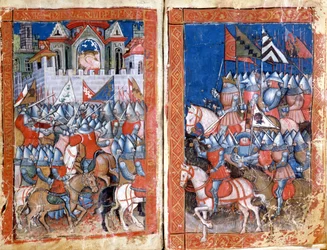 Belegering van Pamplona in Spanje door Karel de Grote Miniatuur uit "Entree van Spanje". 14e eeuw Venetië, Biblioteca Marciana