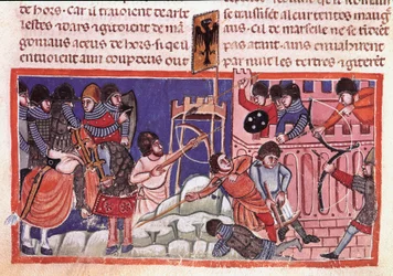 Beleg van een versterkte stad. Miniatuur uit een codex over de daden van Julius Caesar (101 v.Chr.-44 v.Chr.)