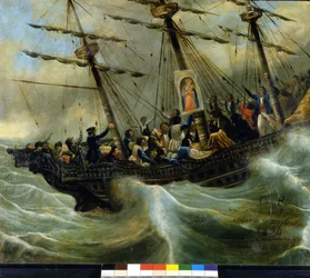 Ondergang van een Zwitsers emigrantenschip. Ex voto uit 1856 van het heiligdom van de Madonna del Sasso in Locarno. Schilderij toegeschreven aan Giovanni Antonio Vanoni.