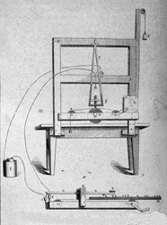 Schets van de eerste telegraaf van de Amerikaanse uitvinder Samuel Finley Breese Morse (1791-1872). Gravure uit de 19e eeuw