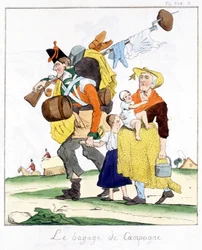 Engelse soldaat van de campagnes tegen Napoleon met zijn vrouw en kinderen - in "Musée de la caricature" door E. Jaime, ed. Delloye, Parijs