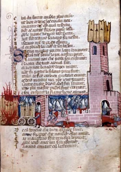 Lied van gebaar: gevechtsscène nabij een versterkte stad (waarschijnlijk de verovering van Spanje door het leger van Karel de Grote). Miniatuur uit het Frans-Italiaanse manuscript “Entrée d