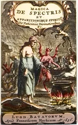 Heksen bereiden toverdranken bekeken door duivels, frontispice uit 