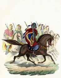 Spahis, een inheems cavaleriekorps van het Franse leger van Afrika, voornamelijk bestaande uit Arabische ruiters, gevormd voor de provincies Algiers in 1834, Bone in 1835 en Oran in 1836. In 
