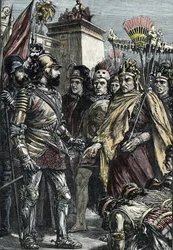 Spaanse verovering van Mexico: ontmoeting tussen Hernan Cortes en Montezuma II in 1519