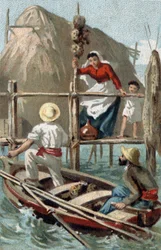 Sponsvissers in Cuba. Chromolithografie van het einde van de 19e eeuw.