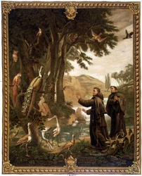 St. Franciscus van Assisi spreekt met vogels - 19e-eeuwse chromo die een 18e-eeuws schilderij reproduceert.