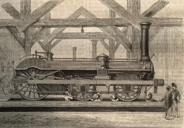 Stoomlocomotiefmodel, Crampton-systeem genaamd Thomas Russell Crampton (1816-1888). Gravure uit 1856.