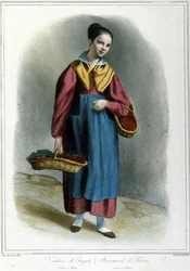 Aardbeienverkoopster. Gravure uit 