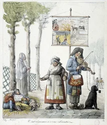Straatmuzikanten, bedelende kinderen - lithografie