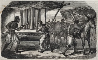 Suikerproductie: een suikerrietmolen in een suikerfabriek in West-Indië. Gravure uit 1859